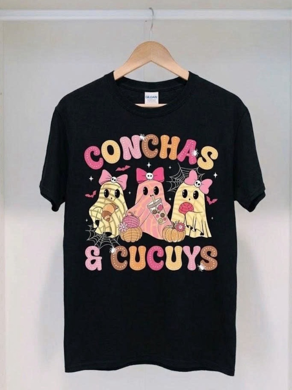 Conchas and Cucuys T-Shirt Latina Halloween Pink Ghost Pan Dulce Graphic Tee